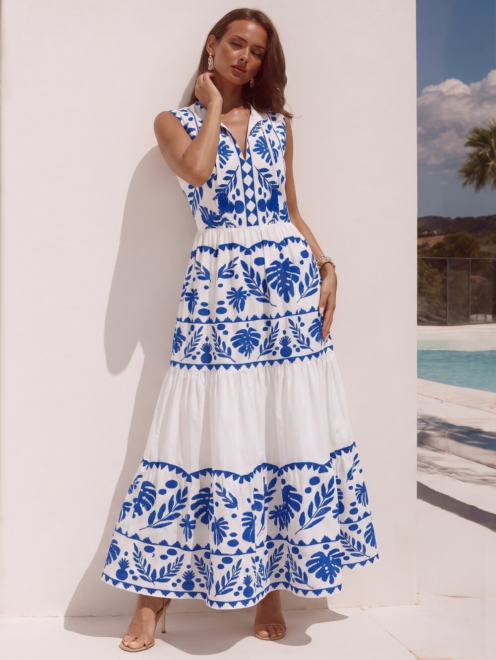 F&F Womens White/Blue Floral Peasant  Cottagecore Maxi Dress. Sz Uk 8= Sz 4